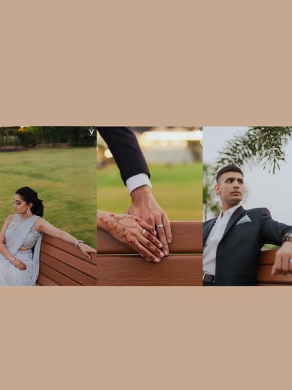 A collage of details from a beautiful outdoor wedding. It captures the bride, the groom, and a close-up of their hands, telling a story of their union in a serene, natural setting.