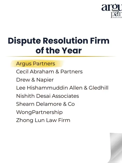 My firm, Argus Partners, was shortlisted for several categories at the Asialaw Awards 2025, including Dispute Resolution Firm of the Year. This nomination among leading firms is a testament to our team's dedication to achieving favorable outcomes for our clients in complex disputes.