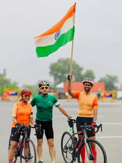 Three riders representing the colors of the flag in their jerseys during our patriotic ride.