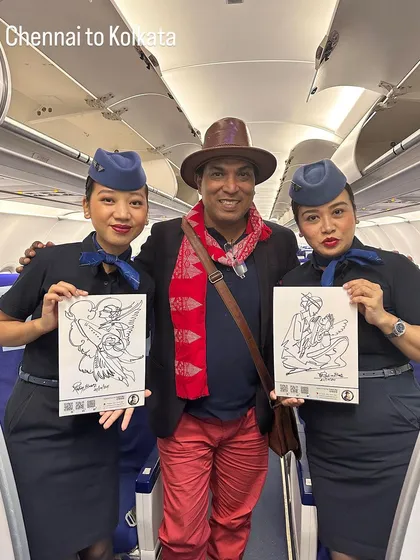 My art studio can be anywhere, even 30,000 feet in the air. I love surprising people, and creating signature art for these wonderful Indigo flight attendants during a flight from Chennai to Kolkata was a truly special moment.