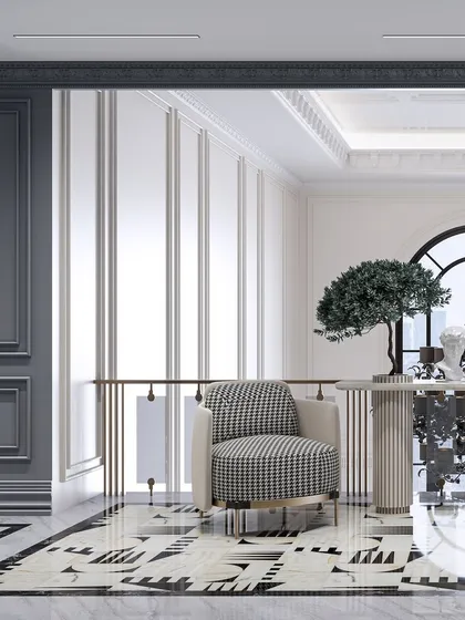 A lobby seating area featuring a bold houndstooth armchair and a sculptural console table. The render focuses on the graphic quality of the geometric marble floor.