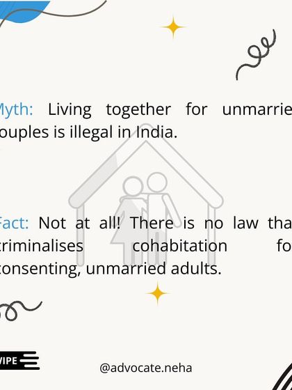 Myth: Living together for unmarried couples is illegal in India. Fact: Not at all! This graphic busts the myth, clarifying that there is no law criminalizing cohabitation for consenting adults.