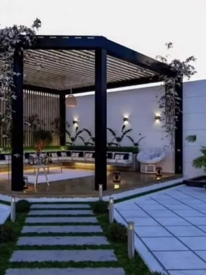 A modern, minimalist pergola design with clean lines and integrated lighting. This structure defines an elegant outdoor seating area, perfect for contemporary homes.