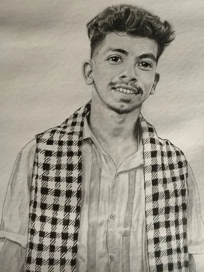 This paid portrait of a man with a checkered scarf was a commission from Chhattisgarh. I ship my artwork all over India.