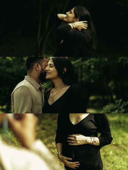 A collage of intimate, dark, and moody shots from a forest session, capturing whispers, embraces, and quiet moments of connection.