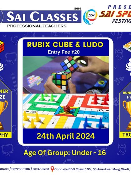 The poster for our Rubik's Cube and Ludo tournaments, fun events that test problem-solving skills and strategy in a lighthearted environment.