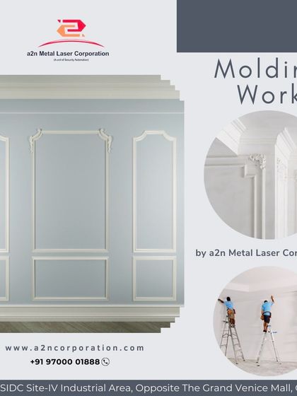 This graphic illustrates the process and result of our molding work. From the team at work to the finished wall panels, it shows how we can transform a plain wall into a detailed and elegant feature.