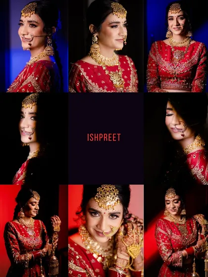 A collection of stunning bridal portraits. We used a mix of red and blue lighting to create a dramatic and modern look, highlighting the bride's features and attire.
