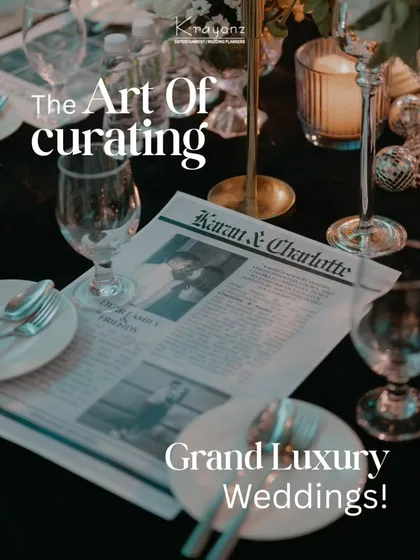 The art of curating grand luxury weddings lies in the details, like this custom newspaper-style program that tells the couple's story.