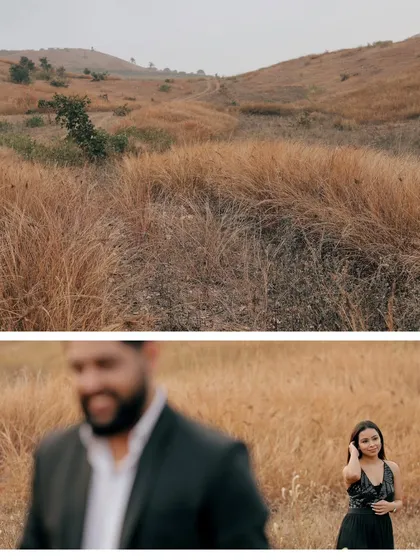A collage that pairs a wide shot of the landscape with an artistic portrait, setting the scene and then drawing focus to the couple.