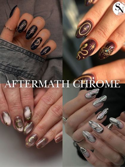 "Aftermath chrome" offers a dark and mystical vibe for Halloween. This board features designs with celestial symbols, snakes, and 3D chrome accents.