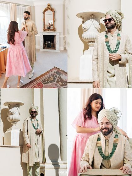 A collage showing the on-site styling process for the groom. From adjusting the collar to fixing the drape of his emerald necklace, we ensure every detail is perfect for his Spanish summer wedding.