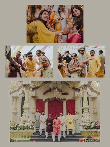 A collage of candid moments with friends and family during the pre-wedding festivities. These shots capture the fun, dancing, and joyful interactions that make a wedding special.