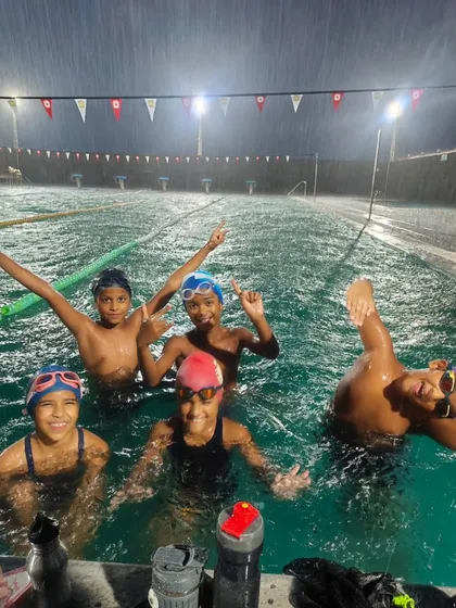 Welcome to the team! These talented swimmers just graduated from our pre-competitive squad to the NMSA Marlins. We celebrated their promotion with a fun session, even in the Bangalore rain.