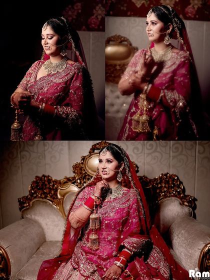A collage of the bride's portraits, capturing her in various poses, including a regal shot of her seated on an ornate sofa.