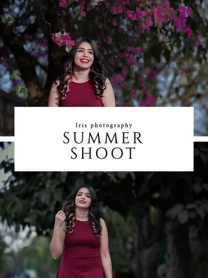 Part of a "Summer Shoot" series, this collage captures a model's bright smile against a backdrop of blooming flowers, perfect for a lifestyle or fashion portfolio.