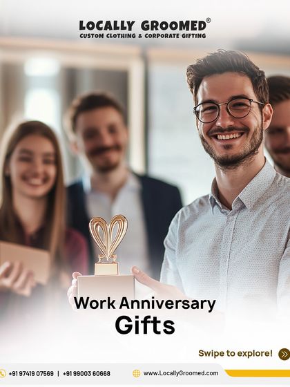 Celebrate work anniversaries with a meaningful gift. This image shows a happy employee receiving a heart-shaped trophy, a symbol of the company's appreciation for their dedication.