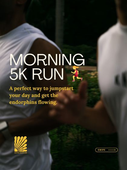 Here's what a Sunday morning with us looks like. The Sunrise Social Club includes an optional 5k run, recovery activities, food, coffee, animal flow, live DJs, and a vibrant community.