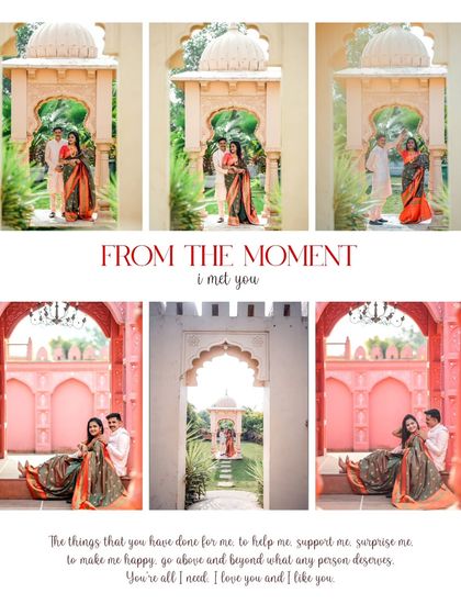 This collage captures the couple in various poses within a stunning pink and orange architectural setting, perfectly complementing their traditional outfits.