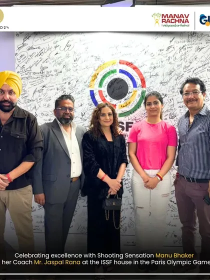 Our leadership team with Manu Bhaker and her coach Jaspal Rana at the ISSF house in Paris, celebrating her double bronze medal win.