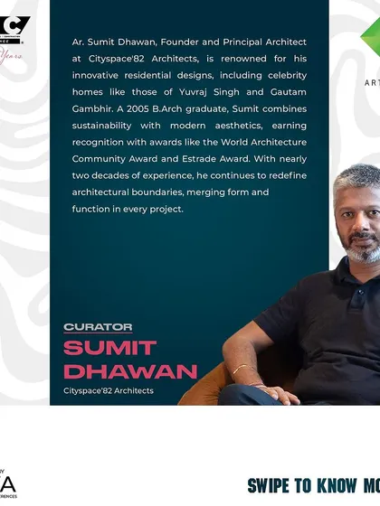 An announcement of my role as a curator for Art Illation. My work in residential design, which blends sustainability with modern aesthetics, is highlighted as setting new benchmarks.