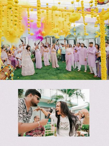 A collage showing the vibrant Haldi setup with colorful smoke and a candid shot of a guest singing with passion.