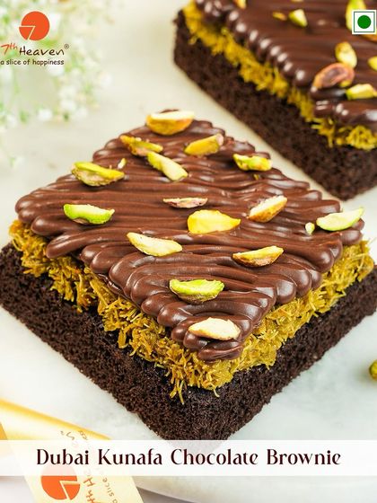 A bite of Dubai. Our new Dubai Kunafa Chocolate Brownie layers a rich brownie with crispy kunafa pastry, topped with chocolate and pistachios.