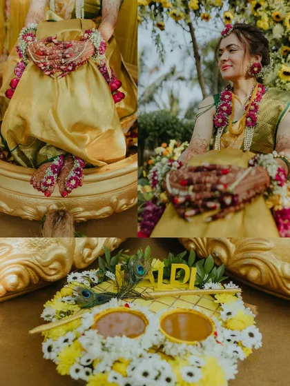 A collage showcasing the details of the Haldi ceremony, from the bride's floral jewelry to the ceremonial setup.