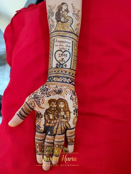I specialize in creating custom portrait mehendi to celebrate your journey into parenthood. This design for a baby shower features a portrait of the happy couple holding their newborn, with the phrase 'happiness is on the way' to mark this beautiful new chapter.