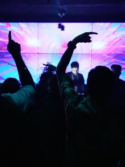The silhouettes of the audience with their hands up, pointing towards the DJ booth. This image captures the connection between the crowd and the performance, all unified by the vibrant audio-visual show.