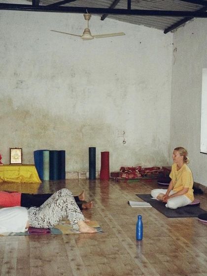 A class in session at our Amboli ashram. We maintain a simple and focused environment for practice, allowing students to turn their attention inward during Savasana (corpse pose) and guided relaxation.