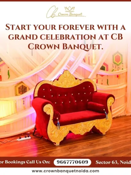 The perfect royal setting for your grand celebration. This ornate red and gold sofa on our stage is ideal for weddings and engagements, adding a touch of grandeur to your event.