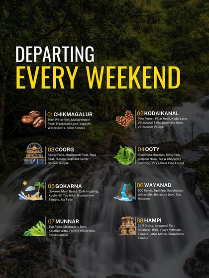 We depart every weekend to eight amazing destinations across South India. Whether you're into mountains, beaches, or history, we have a trip that's perfect for you.