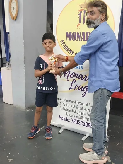 Siddanth with his trophy after reaching the U11 Semi Finals at the 1st Monarch League. We focus on building a strong competitive mindset from the start.