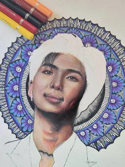 The second WIP of the Kim Namjoon portrait, with the face and mandala complete, leaving only the hair and jacket to be finished.