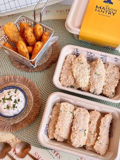 My herb-crusted fish fingers are a crowd-pleaser. You can order them ready-to-cook, as shown in the biodegradable trays, or I can deliver them fried to golden perfection with a side of tartar sauce.