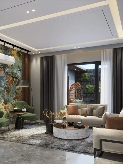 This living room design balances a bold, artistic floral wallpaper with modern furniture. The space feels both grand and inviting, with a cozy seating area overlooking an outdoor patio.