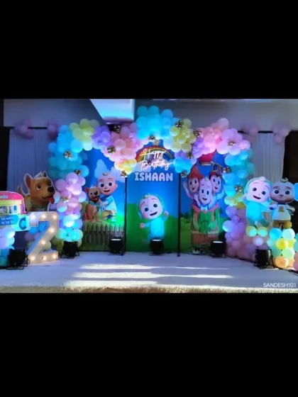 Another delightful Cocomelon themed birthday setup. This one features a balloon arch and various character cutouts, perfect for fans of the popular kids' show.