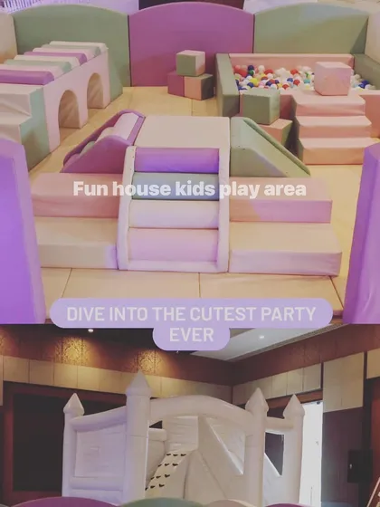 A split-screen view showing the details of our pastel soft play area and the white bouncy castle, a perfect combination for any party.