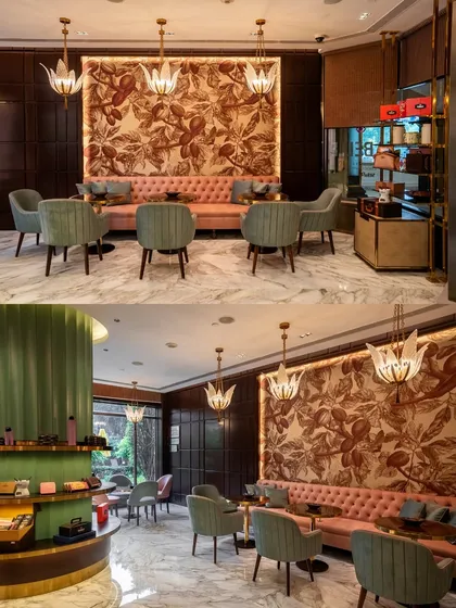 The interior of the Fabelle chocolate boutique at ITC Maurya. This space required meticulous attention to detail, featuring a custom cocoa bean mural, elegant seating, and sophisticated lighting to reflect the refinement of the brand.