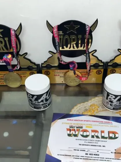 My collection of trophies and medals from the Mr. World competition. This is the proof of my dedication to the sport and the expertise I bring to my coaching.