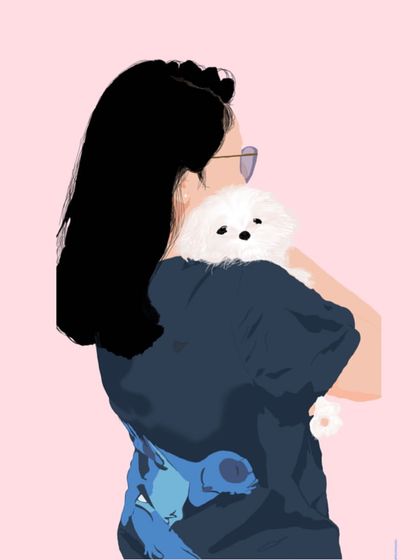 A cute faceless portrait of a girl with her fluffy white dog, showing that pets are part of the family too.