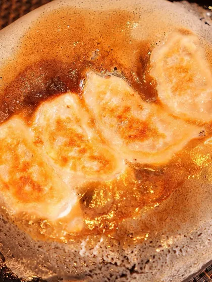 A close-up of the crispy, bubbly surface of our Hanetsuki Gyoza. This texture is achieved through a special cooking technique and is a sign of a perfectly made gyoza.