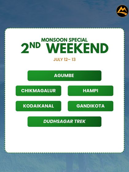 Here's the plan for the 2nd weekend of July. We're going to Agumbe, Chikmagalur, Hampi, Kodaikanal, and more.