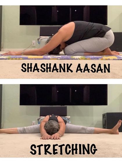 A two-part image showing Shashank Aasan (a variation of Child's Pose) and a wide-legged forward bend.