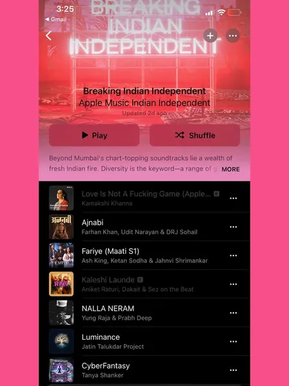 A screenshot of "Cyberfantasy" on the Breaking Indian Independent playlist on Apple Music. It's an honour to be listed alongside so many great artists.