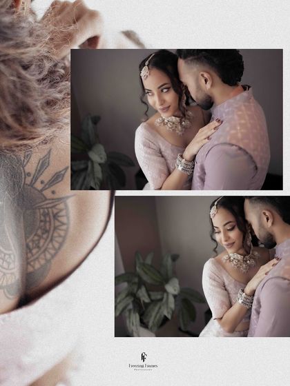 A collage that juxtaposes the couple's tender embrace with a bold shot of the bride's back tattoo, celebrating their unique personalities.