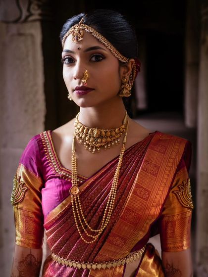 A classic portrait of a traditional Iyengar bride. The makeup, hair, and styling all come together to create a timeless and elegant look.