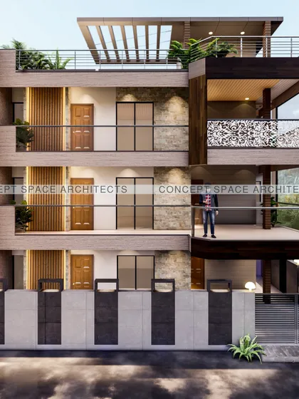 A complete view of a luxury villa design, showing the combination of stone, wood, and decorative railings. The design ensures the home is impressive from every angle.