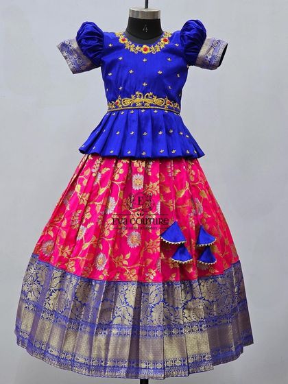 A slightly different design of the royal blue and pink Banarasi lehenga, showcasing customization options.